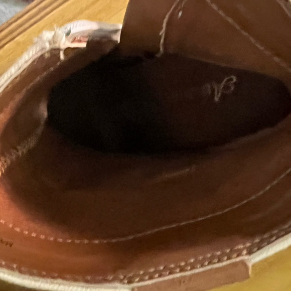 Boots-4 inch stacked heel. Tan and cream leather and fabric with gold details. - Picture 6 of 10